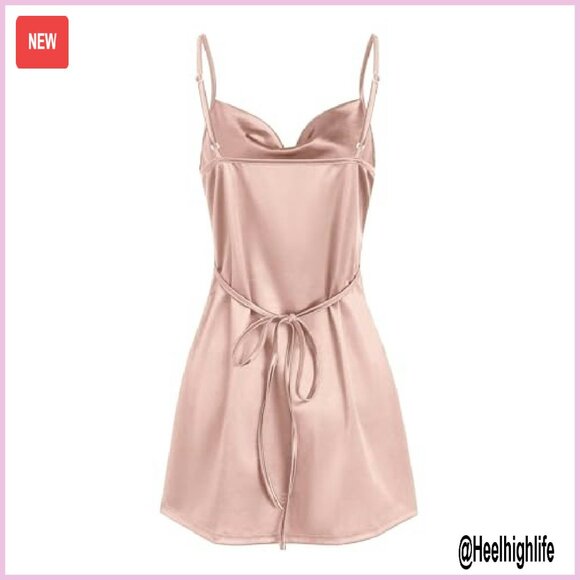 Satin Mini Dress Spaghetti Strap Cowl Neck Slip Cocktail Party - Picture 4 of 8